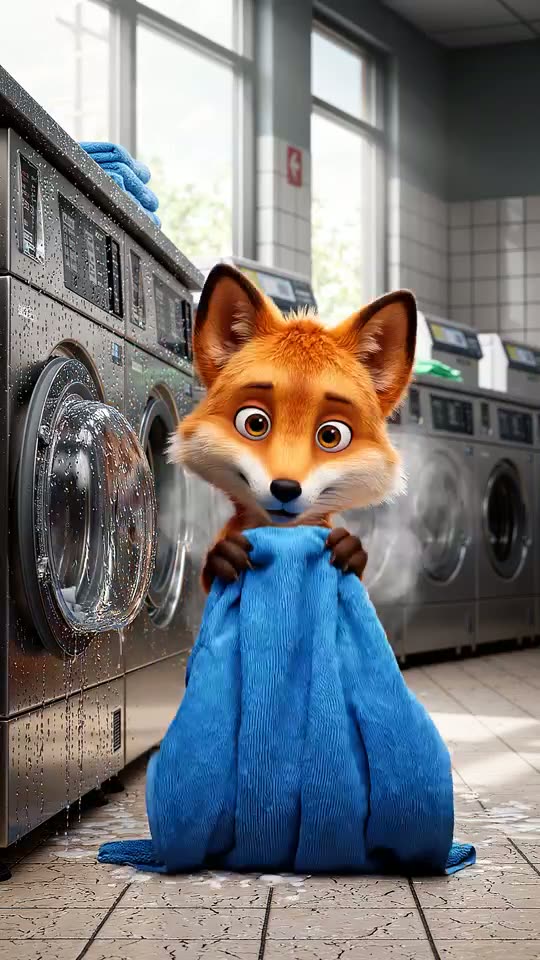 Cartoon-Fuchs im Waschsalon