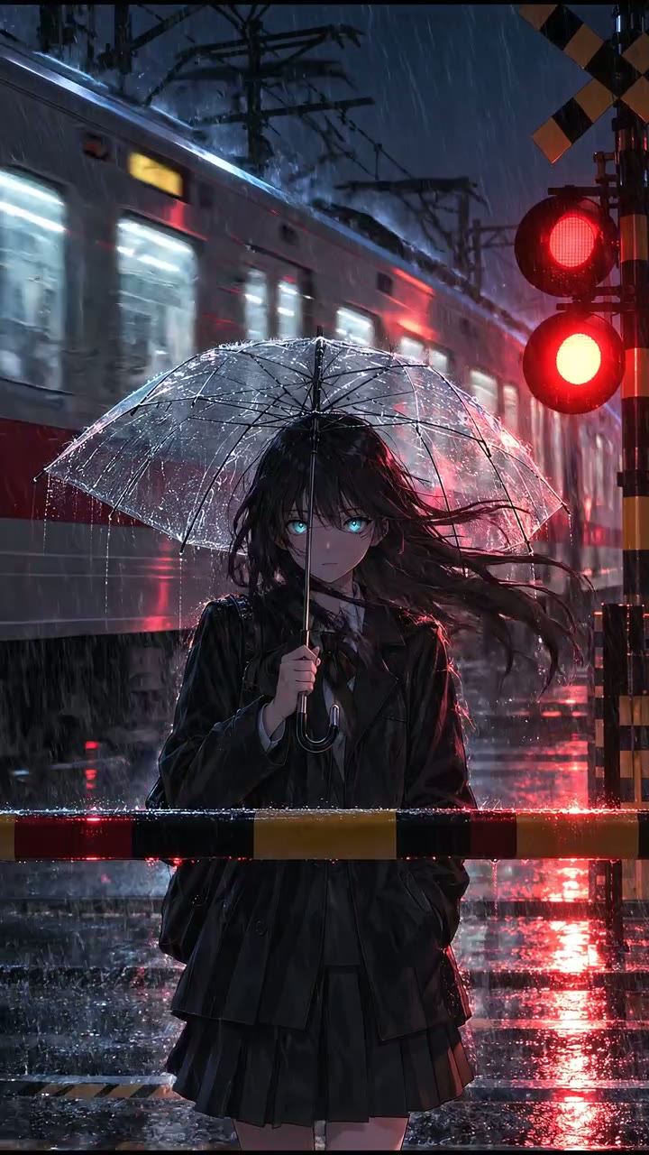 Regen-Nacht am Bahnübergang
